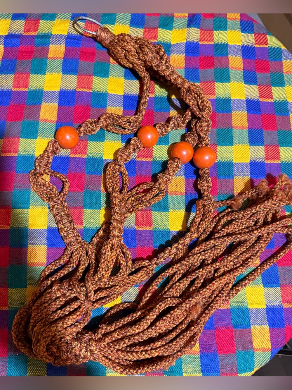Vintage Macrame Brown Plant Hanger With Beads